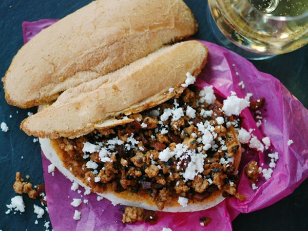 Chorizo, pork, and poblano pepper sandwich
