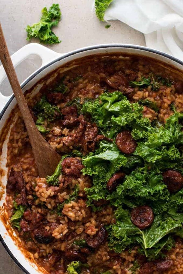 Chorizo risotto with kale