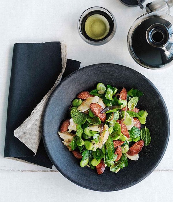 Chorizo, salt cod and broad bean salad