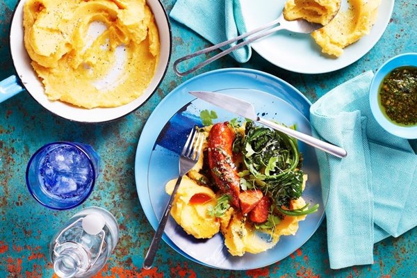 Chorizo sausages with pumpkin & potato mash