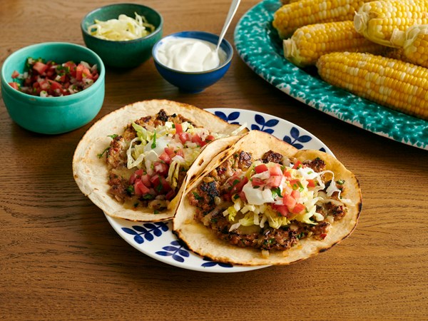 Chorizo smash tacos with chili-lime corn