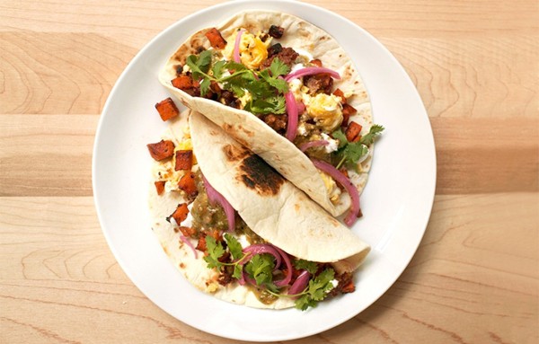 Chorizo–sweet potato breakfast tacos