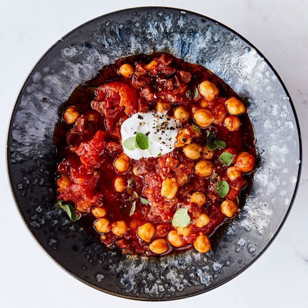 Chorizo, tomato, and chickpeas with yogurt