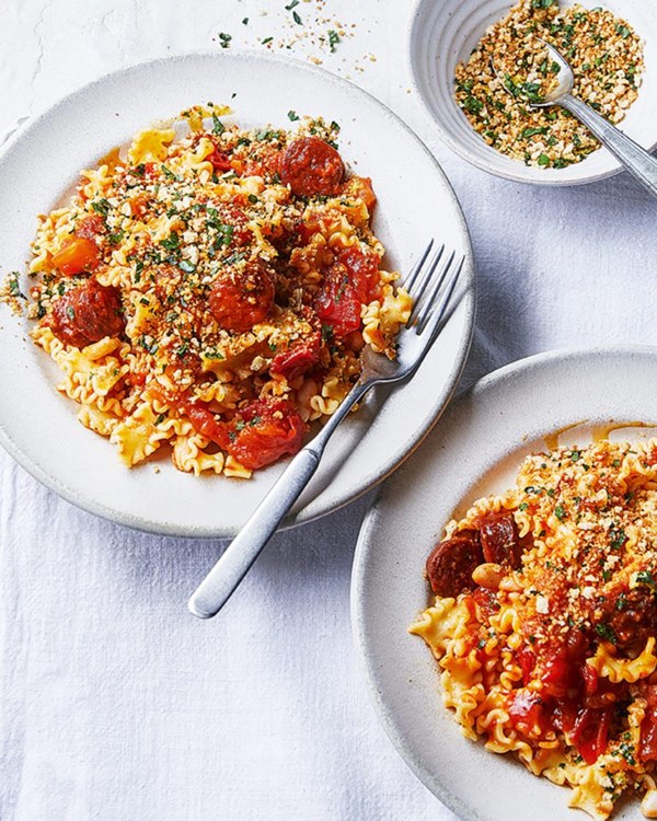 Chorizo with beans, pasta and pangrattato 
