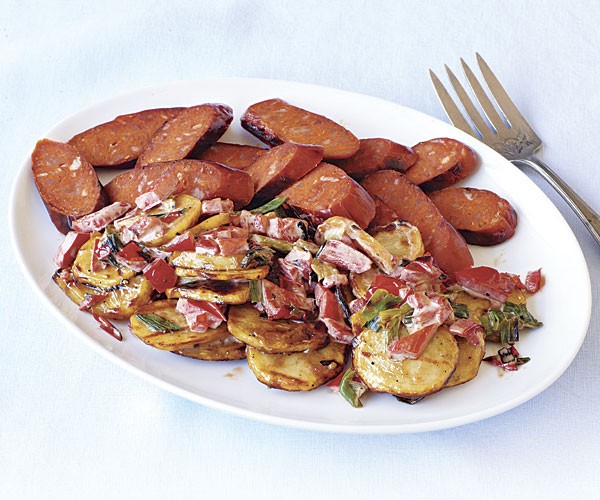 Chorizo with grilled potato-scallion salad