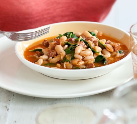 Chorizo with white beans and spinach