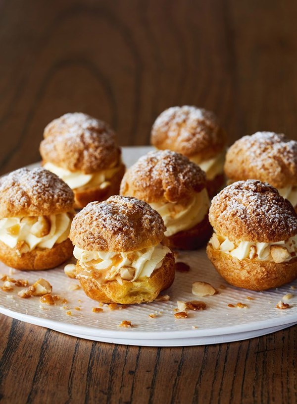 Choux pastries with lemon Chantilly & macadamia praline