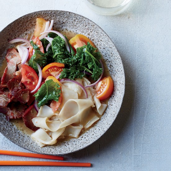 Chow fun with roast pork and kale-tomato salad