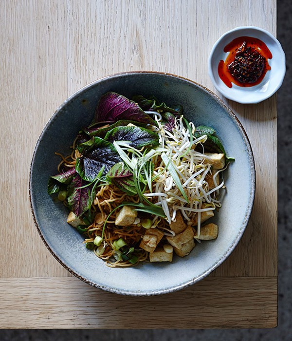 Chow mein noodles with tofu, Chinese bacon and ginger