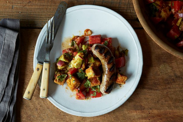 Chris Schlesinger & John Willoughby's grilled sausage and cornbread salad