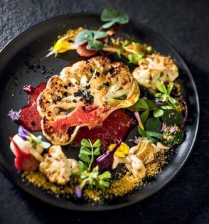 Chris's almond-roasted cauliflower, baby swedes and watermelon BBQ sauce
