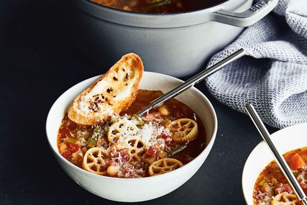 Chrissy Teigen's Parmesan minestrone with chili mayo toasts