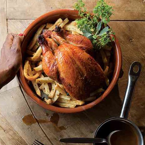 Christian Delouvrier's roast chicken with herbed French fries