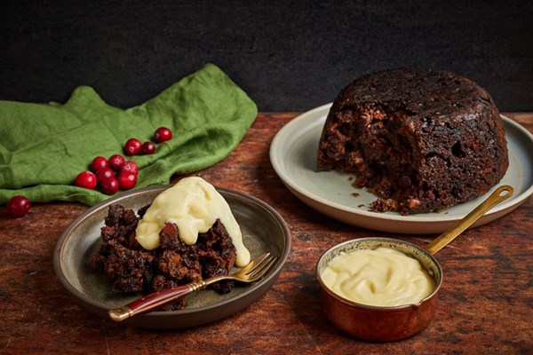 Christmas black pudding with sherry custard