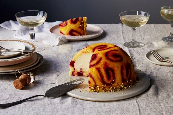 Christmas bombe with berry preserves and white chocolate mousse