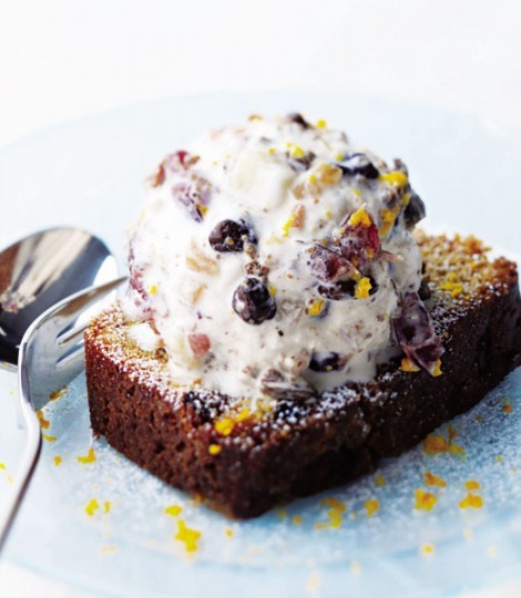 Christmas cake ice cream on warm ginger loaf