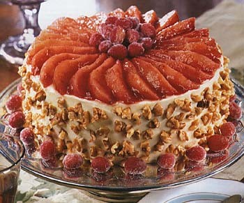 Christmas cranberry, pear and walnut torte with cream cheese-orange frosting