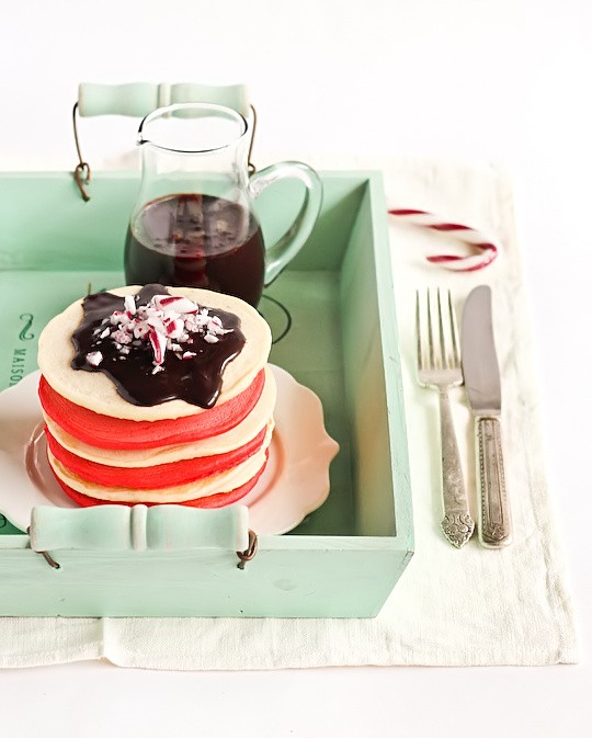 Christmas pancakes with candy cane chocolate syrup
