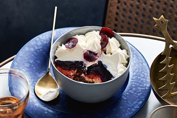 Christmas pudding and cherry trifle with brandy cream