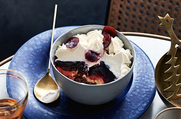 Christmas pudding and cherry trifle with brandy cream