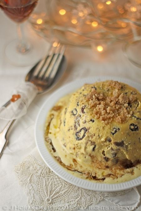 Christmas pudding semifreddo with cinnamon streusel and brandy sauce