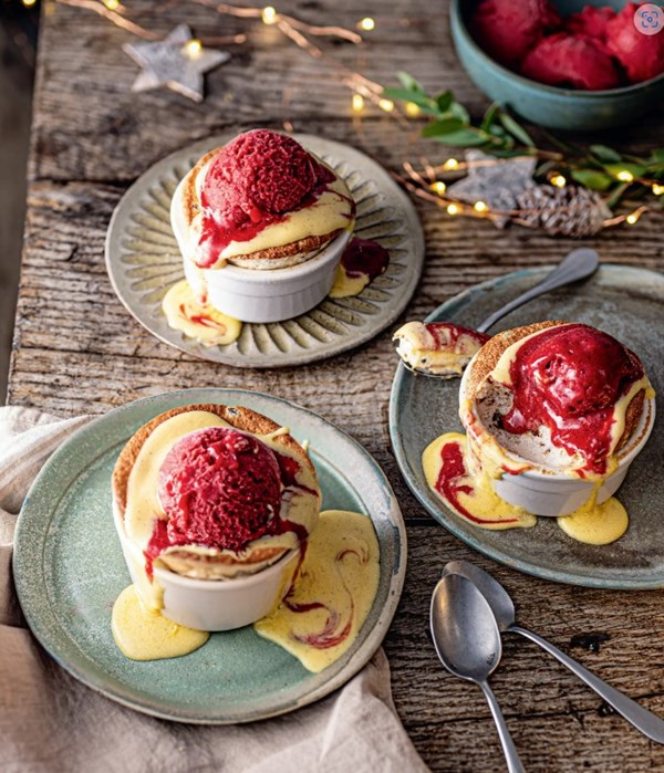 Christmas pudding soufflé with cranberry sorbet and brandy Anglaise