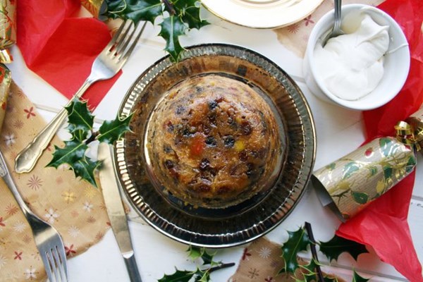Christmas pudding with Grand Marnier whipped cream