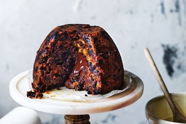 Christmas pudding with salted-caramel ganache