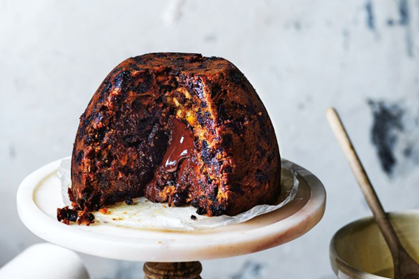 Christmas pudding with salted-caramel ganache
