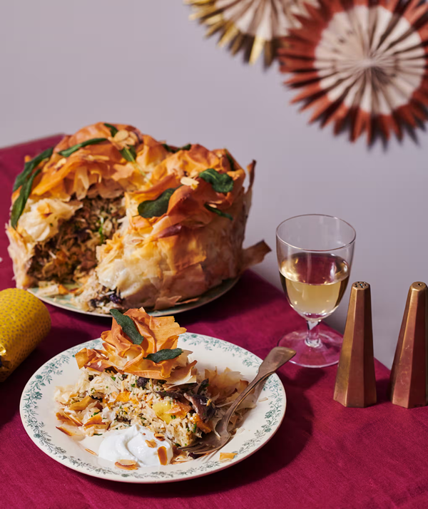 Christmas rice pie with crisp sage and fried almonds