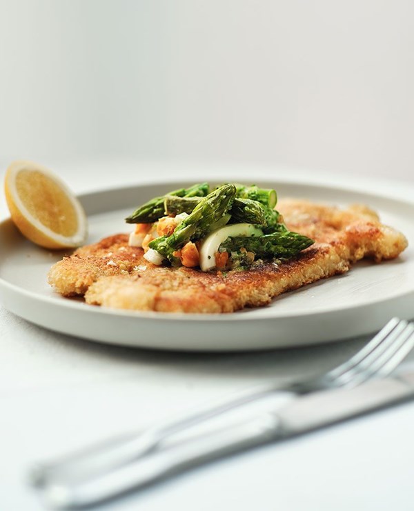 Chunky asparagus and horseradish tartare sauce with monkfish schnitzel