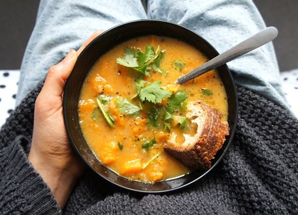 Chunky butternut squash miso soup with miso and black pepper butter