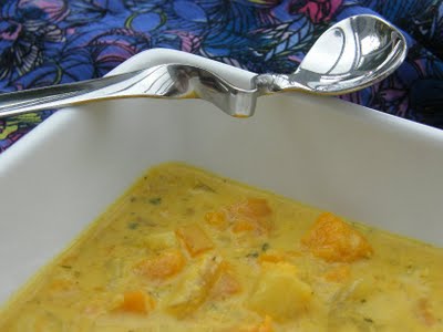 Chunky carrot & squash soup with coconut & red chilli flakes