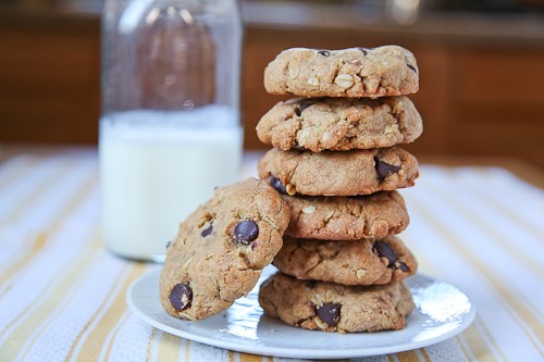 Chunky chewy whole grain toffee chocolate chip oatmeal cookies