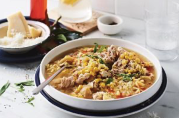 Chunky chicken, corn and risoni soup