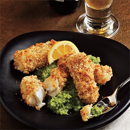 Chunky fish fingers with pea and mint puree