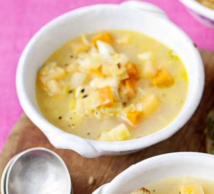 Chunky root vegetable soup with cheesy pesto toasts