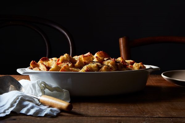 Ciabatta stuffing with chorizo, sweet potato, and mushrooms