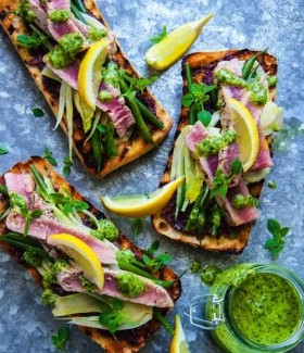 Ciabatta with tuna, tapenade, bean and heirloom tomato salad and pistou dressing