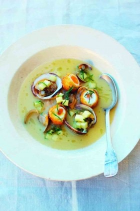 Cider and leek soup with clams, cockles and quail's eggs