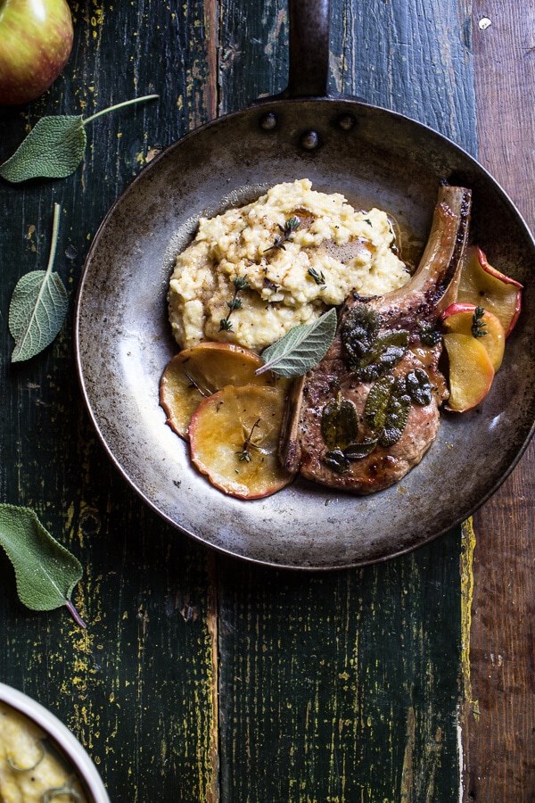 Cider apple and sage roasted pork chops with brown butter Gorgonzola polenta