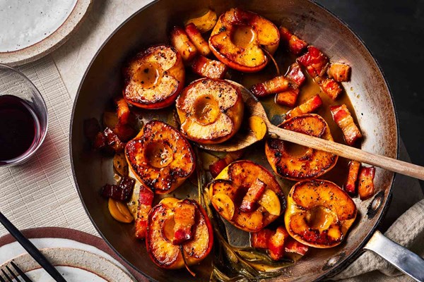 Cider-braised apples, bacon, and garlic