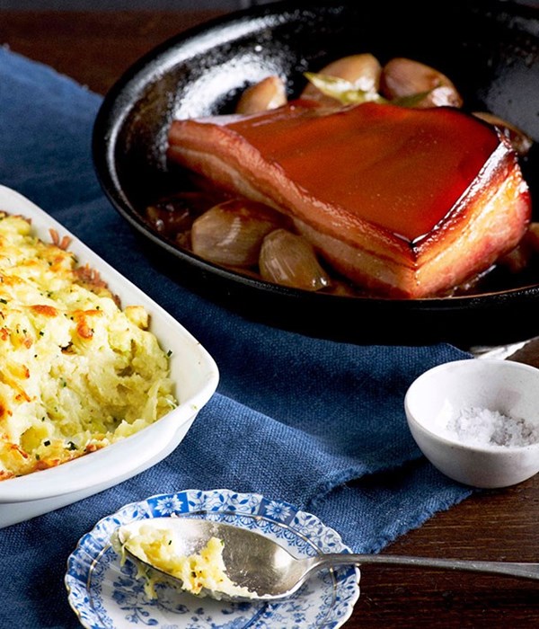 Cider-braised bacon with rumbledethumps