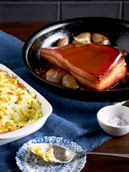 Cider-braised bacon with rumbledethumps