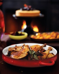 Cider-braised chicken legs with onion-raisin sauce