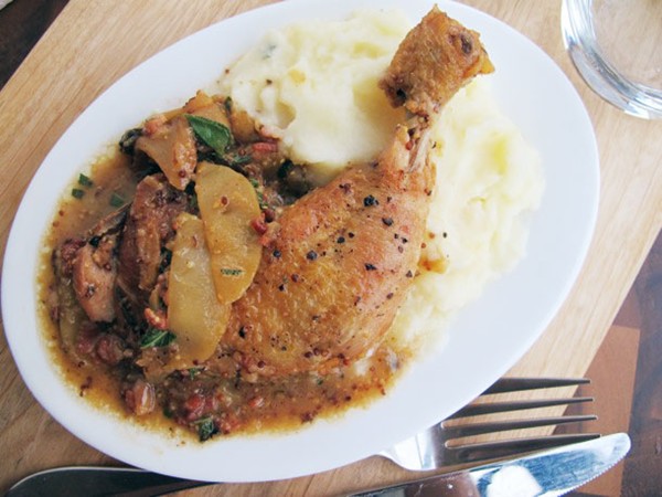 Cider-braised chicken with apples, bacon, and sage