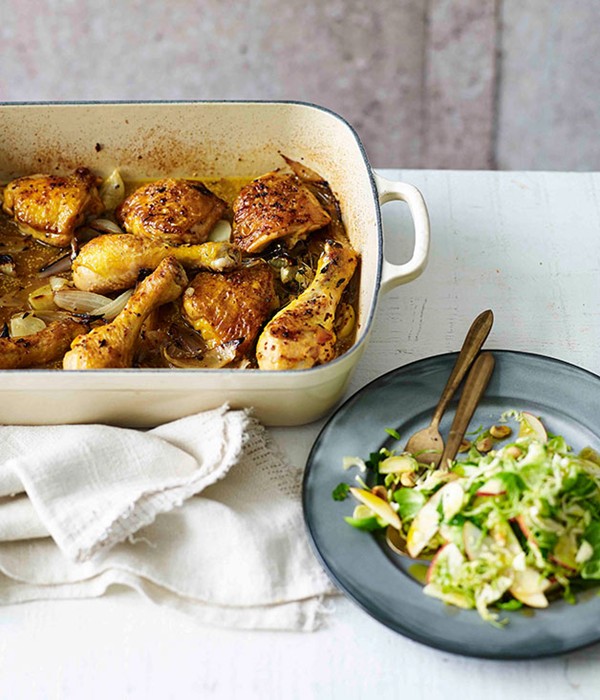 Cider-braised chicken with  Brussels sprouts, apple and hazelnuts