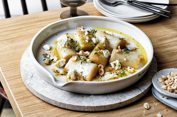 Cider-braised leeks with goat's cheese and hazelnuts