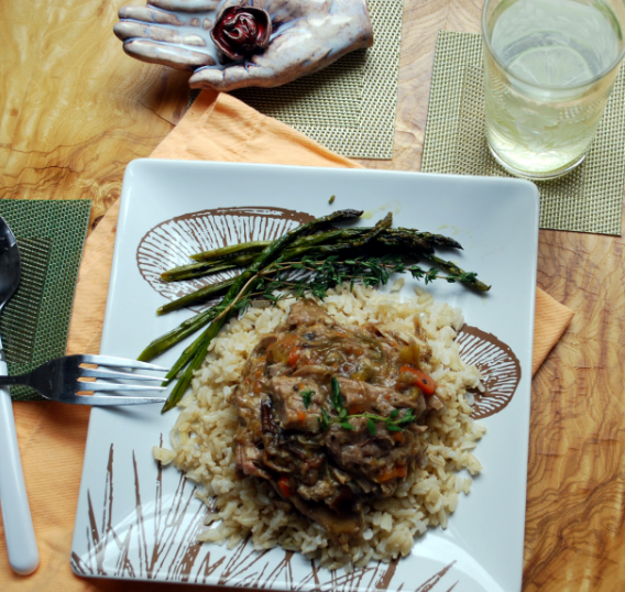Cider-braised pork shoulder with pears