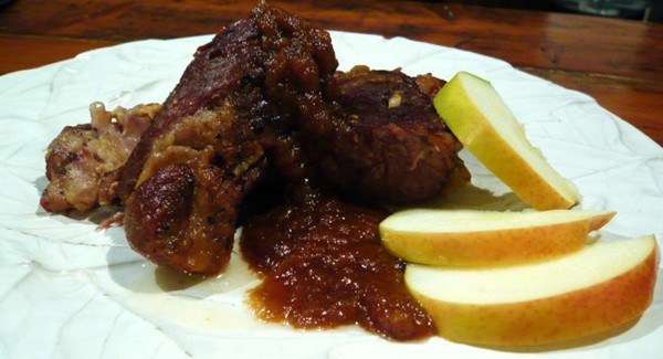 Cider-braised pork shoulder with caramelized onion sauce
